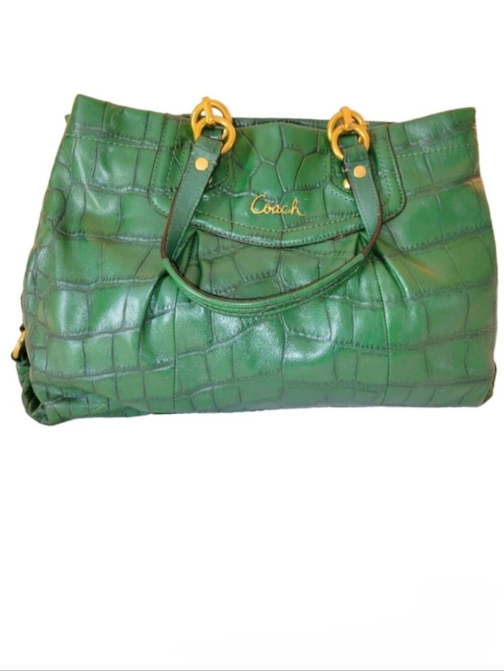 Genuine Coach Ashley Croc Embossed Forest Green Leather Carry-All Tote F20345